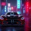 Placeholder: realistic black dodge viper; in an alternate universe in tokyo; cyberpunk; rain; neon signs