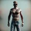 Placeholder: A full body shirtless muscular man with tattoos all over him and lots of chest hair, and ripped jeans. He has sunglasses, a towel draped on his shoulders, and a blonde moustache