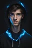 Placeholder: a portrait of the face of coder teenagre boy with black hoody with black background decorated with blue lights