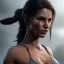 Placeholder: portrait beautiful lara croft,big breast, background fog, volumetric lighting, particals, intricate detail,realistc, close up,