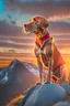 Placeholder: A handsome young red labrador dog standing on top of a mountain with a beautiful sunrise behind him