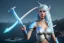 Placeholder: [Sea Elf] [Maormer] Hero Queen with [white hair] and [blue skin] wielding a blue glass greatsword on a ship with crew [fantasy] [realism] [Elder scrolls]