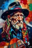 Placeholder: captivating conceptual painting of the iconic rock star, Willie Nelson, rendered in a vibrant and abstract art style. The background is a swirling, chaotic mix of artistic strokes that evoke a sense of rebellion and energy. The overall composition is a celebration of creativity, movement, and the essence of rock 'n' roll., vibrant, painting, conceptual art