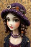 Placeholder: relief, plasticine, beads, rhinestone, amber, porcelain beauty, chic hat, slanted, almond-shaped olive eyes, beautiful girl, exquisite hat, naive art, primitivism, curls, purple, purple, gold, burgundy, black