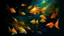 Placeholder: digital painting, A shoal of bioluminescent, glowing fish with long, trailing fins swimming gracefully through the air as if in a weightless, zero-gravity environment, gold glow bright orange color palette, bold and slim lines, brush strokes