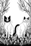 Placeholder: Outline art, cats standing in the bush, full body, cartoon style, black and white, low detail, no shading, --ar 9:11