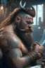 Placeholder: Barbarian barber shaving customer, high detail, 8k, cinematic, depth of field, art