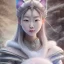 Placeholder: smooth hyper realistic, beautiful smiled Japanese goddess, pale colors, dark cosmos background, cat еye, extremely sharp detail, finely tuned detail, ultra high definition, 8 k, unreal engine 5, ultra sharp focus, accurate sword wings, positive smile, lot of details, fit within portrait, Ambiance winter, perfect composition, perfect hair, perfect hands, finger up gestures