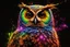 Placeholder: flowergarden, bodyscape double exposure owl portrait of a colorful intricated flowergarden, forest and colorful stars of sparks on the front of an insanely beautiful fluffy owl body with colorful fur of fluorescent light emitting fiber optics, standing in a dark place, playing with the fur, fluorescent pigment body painting style by John Poppleton and Bob Ross, diffused lighting, double exposure, blend, illusion, octane render, digital painting, extremely detailed, Award winning photography, 8k,