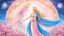 Placeholder: Create an image of a full body cosmic goddess. the goddess should be depicted as a beautiful and powerful figure, surrounded by cosmic stars. her hair should be long, blond and flowing, and she should be dressed in a flowing gown blue celestial robe. in the background, include imagery of pink flowers, blue sky, trees. the image should evoke a sense of joy, celebration, and spiritual connection to nature.