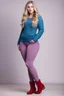 Placeholder: beautiful 18 year old girl with ash blonde hair and blue eyes with her curvy hair down, wearing a long-sleeved woollen top, and lilac long leggings, with long red boots full body shot