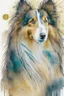 Placeholder: Abstract wet watercolour of a rough collie, ink lines, interlinked circles, detailed,focus on eyes, watercolour paper neg . Closed eyes