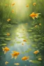 Placeholder: Spectral world. It's raining on a still pond in a gorgeous early spring setting. Raindrops hitting water. Each raindrop makes a tiny ripple as it hits the water. Many tiny ripples from each raindrop as it hits the water, all over the pond. Wonderfully delicate, calm and refreshing. Yellow greens of early spring. Metallic gold. Goldfish is jumping out of the water, waterlillys is glowing in purple colors.