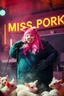 Placeholder: a very fat swedish girl, with skimask with called "Fröken Fläsk" performing at dance club, her name is "Fröken Fläsk" piglets On stage, yellow Neon lights and smog, and "FRÖKEN FLÄSK" big sign on the wall, she singing with mic