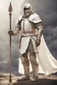 Placeholder: Picture of a knight wearing white armor and white cape with white helmet, holding a spear