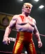 Placeholder: Realistic photo, Wrestler Donald trump, wrestling, sweat, blood, red breeches, suspenders, retro style, 80s, hot ambient, photo studio, vibrant color, gradient, highly detailed, art stations, concept art, smooth, unreal engine 5, god rays, ray tracing, RTX, lumen lighting, ultra detail, volumetric lighting, 3d, finely drawn, high definition, high resolution.