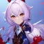 Placeholder: Genshin woman, Clear Focus High resolution, Calm Background, Light skinned woman, Light Purple long beatiful hair, Red sparkling eyes, Very Beatiful Face, Splash art