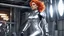 Placeholder: Laureline, the fiery-haired heroine known for her muscular frame and ample bosom, strides confidently in her skin-tight silver spacesuit that hugs every curve of her body. The reflective material of her suit catches the ambient light, giving her an ethereal glow as she moves with purpose through the enigmatic surroundings. The rectangular warehouse itself is a study in strangeness, filled with alien materials and starships to ripple and shift as if alive.