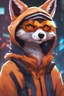 Placeholder: animee style: Cyberpunk fox earless in futuristic hoodie in Zootopia style, (looking at camera:16), blue eyes, fantasycore masterpiece, best quality, background detailed, vivid colors, sunset, close up portrait, blurred background, golden ratio, fake detail, trending pixiv fanbox, acrylic palette knife, style of makoto shinkai studio ghibli genshin impact james gilleard greg rutkowski chiho aoshima
