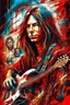 Placeholder: A ultra realistic poster of a wild guitar rock in layer with long hair , having word sign as “street art ”, by Daniel Castan Carne Griffiths Andreas Lie Russ Mills Leonid Afremov, red background, fine lines draw, smile