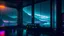 Placeholder: inside a cyberpunk control station with windows looking out into the night sky, rain on the windows, overlooking a river and cliffs, dark and moody