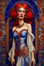 Placeholder: 3D image, a beautiful art deco bride with red hair, white and blue veil, beautiful eyes, red lips, blue flowers, bold gold, sensuality, fantastical surrealistic, elegant, beautiful high definition acrylic art, sunrise, watercolor patchwork, Daniel Merriam style, Ivan Bilibin, Ernst Haeckel, Jean-Baptiste Monge, Picasso, Caspar David Friedrich, Jacek Yerka, Richard Dennis, Joe Fenton, Andree Wallin, İsmail İnceoglu, Wassily Kandinsky, Thomas Kinkade, line art, artstation, extremely detailed, intr