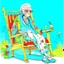 Placeholder: Whimsical drawing of a 70-year-old old lady dressed like a hippie from the 1960s, with a colorful headscarf covering her white headscarf, Yoko Ono-style sunglasses, a shirt with the symbol of the peace movement, floral long sleeves, sandals with red, green, blue striped socks Vesgol is relaxing in a rocking chair outside, holding a beer mug in one hand and a whiskey bottle in the other, next to her is a small table with a pile of empty beer bottles, Y. The peaceful setting includes a stunning vi