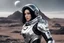 Placeholder: Photo of a Sci-fi woman, with black hair, wearing a silver and black spacesuit looking like an android, on an alien planet