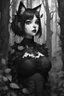 Placeholder: CAT GIRL, goth, forest, nature, cartoon, leaves, black and white hair, boobs, portrait