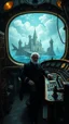 Placeholder: Captain Nemo sitting in a dark submarine control room , filled with cages and buttons and valve on the control dashboard, in a large window to the ocean with shark and castle ancient ruins , paint it in the baroque style,