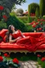 Placeholder: Oil painting Princess lying in the middle of a garden On a sofa and a red cover that covers her body from below only Photorealistic