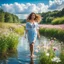 Placeholder: upper body closeup of very beautiful girl walks in water in country sidewild flowers , curvy hair ,next to small clean water river,pretty clouds in blue sky