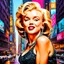 Placeholder: Adobe prompt 80s airbrush poster of Marilyn Monroe in New York City, glitter and gold, in the style of artist Mark Riddick, colourful, hyper-realistic, detailed, vibrant, cityscape background, highly