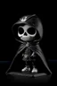 Placeholder: funko skeleton in a black hooded cloak drawn in a retro mascot style, inside a light diamond shape on a black background, monochromatic