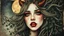 Placeholder: old worn torn, multi-layered cracked canvas, fine detailing with alcohol ink, Captivating realistic painting of a WOMAN, fair face, red lips, splashes of color, HORNS, FANGS, BLOODY TEARS, Multiple exposure, fluffiness, her face is illuminated, her hair merges with swirling fractal vines and tree roots, dark green foliage, symbolizing the unity of strength and wild nature. Flowing hair dissolves into intricate, endless patterns, as if they are protectors and part of the same organic force. Moon