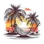 Placeholder: A tropical paradise island with palm trees and a hammock, dreamy, idyllic, sunset glow lighting, T-shirt design graphic, vector, contour, white background