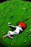 Placeholder: A lonely man is hugging his knees and sleeping in the meadow, cartoon style- anime