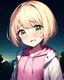 Placeholder: young girl, blonde short tidy hair, green dark eyes, open white hoodie, pink undershirt, small bust, scared, terrified, tears, park setting, nighttime, solo