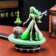 Placeholder: auction hammer, green olivine stone figurine of luna aurora divine, ancient, magic,on dark wooden table with drinking glass, hairy hand