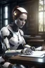 Placeholder: generate a front cover representation of Ai photo realistic attractive female humanoid bot writing a book at a desk