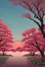 Placeholder: a land scape of Japanese garden, big red moon, red light, black sky, starlight night , surrounded by cherry blossom trees, cel shading