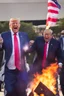 Placeholder: donald trump lights the american flag on fire while maniacally laughing