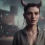 Placeholder: a moody medium-close-up shot of an attractive horned woman on a cyberpunk city sidewalk, high-resolution