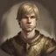 Placeholder: fantasy drawn, male in end thirties, 190cm in hight, in light armor, dark blonde bowl cut, a bit of an idiot but kindhearted, small smile