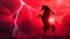Placeholder: full silhouette of a horse rearing up(on right facing left, outlined by lightning), red cloudy sky, lightning bolts(from top to bottom left), digital painting