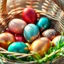 Placeholder: digital photograph of modern basket colorful Easter eggs. eggs display in azure, emerald, blush,red, crimson,gold, sapphire,metallic cinematic HDR backlighting highlights subtle dimples and glossy reflections, with shallow depth of field softening the sunlit background. hyperrealistic 8k resolution,
