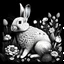 Placeholder: a beautiful rabbit between seeds and big flowers black background .black and white colors. for a coloring. with grayscale