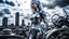 Placeholder: three-quarter view of a woman in a silver robotic catsuit standing in a futuristic derelict city with mushrooms with tentacles floating in the sky