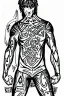 Placeholder: man in full body spandex with runes all over it drawn in marker