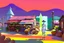 Placeholder: whimsical arafed nonsense, patchwork vibe, acrylic and ink painting of a cozy village main street on undulating hills with color (((minimal))) sketches of village people with (((extremely long limbs))), (((oversize head))), sharp color contrasts, amazing shadows, (((exaggerated limbs and head))), minimal cozy, warm palette, bright bold warm summer colors, color leak, sparse bright orange-red splinters, heavily distorted views, amazing parallels, amazing reflections